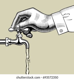 Hand opening water tap. Vintage stylized drawing. Vector illustration