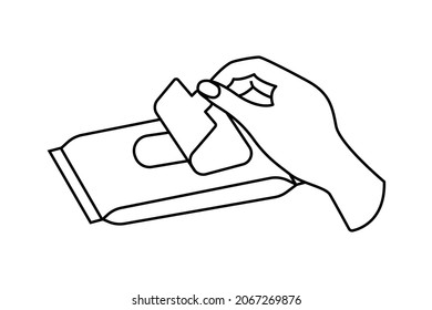 Hand opening  a wipe pack, paper towel box or sanitary pad. Black and white line icon. Graphic for instructions and packing designs. Vector.