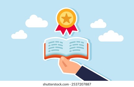 A hand opens a book containing an award medal, illustration of learning new insights to upgrade a business to become the best in its field