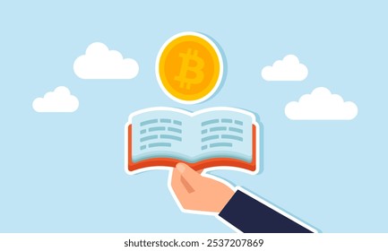 Eine Hand öffnet ein Buch mit einem Bitcoin, Illustration des Lernens neuer Erkenntnisse in Bitcoin-Investitionsstrategie anzuwenden