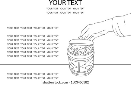 Hand opens ceramic pot with spices. Storage of spices, dried herbs and tea. Ready-made design for your website about food and drinks. Linear black and white illustration on a white background.