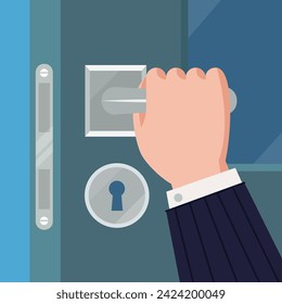 Hand opens or close door. Male holds metallic handle and wants to enter or exit. New opportunity metaphor concept, decent flat vector scene