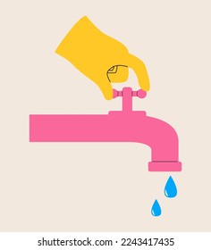 Hand opens or closes a water tap, save water,concept of eco and world water day. Colorful vector illustration
