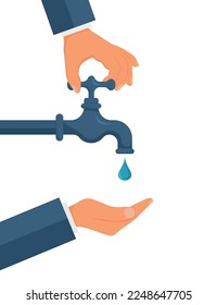 Hand opens or closes a water tap, save water,concept of eco and world water day. eps 10