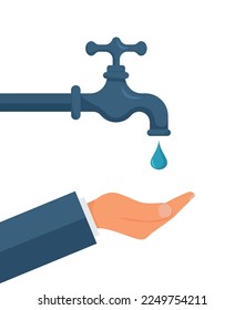 Hand opens or closes a water tap, save water,concept of eco and world water day. eps 10