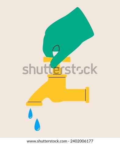 Hand opens or closes a water tap, save water,concept of eco and world water day. Colorful vector illustration
