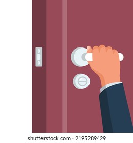 The Hand Opens The Door. Man Opens And Closes Doors. Landing Page To Come In Or Exit. Doorknob Isolated On A White Background. New Opportunity. Vector Illustration Flat Design. 