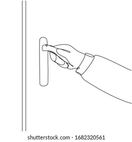 Hand opens the door one line drawing on white isolated background. Vector illustration