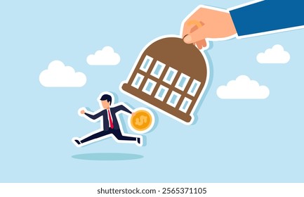 A hand opens a drum trap and frees a businessman carrying a dollar coin, illustration of escaping debt and financial burdens imposed on the company