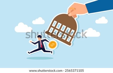 A hand opens a drum trap and frees a businessman carrying a dollar coin, illustration of escaping debt and financial burdens imposed on the company