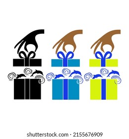 Hand opens a gift box from which dolphins jump out. Travel as a gift