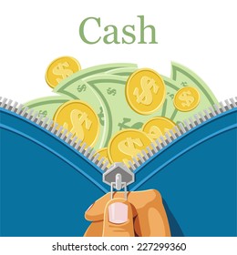 hand opens the zipper. Purse and a lot of cash