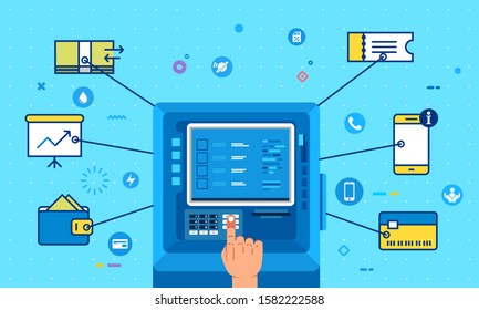 Hand operate ATM machine for paying bills. small icon of smartphone, chart, card, wallet, money around. flat design vector illustration. use for landing page, info graphic and anything.