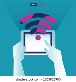 Hand operate the tablet with free wifi symbol. Business concept vector illustration