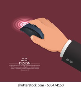 The hand operates wireless computer mouse.3d style. Isometry. Realistic vector illustration. Design elements.