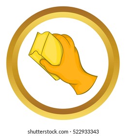 Hand in orange glove with rag vector icon in golden circle, cartoon style isolated on white background