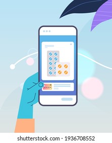 hand ordering pills in medical mobile app on smartphone screen online medicine healthcare concept