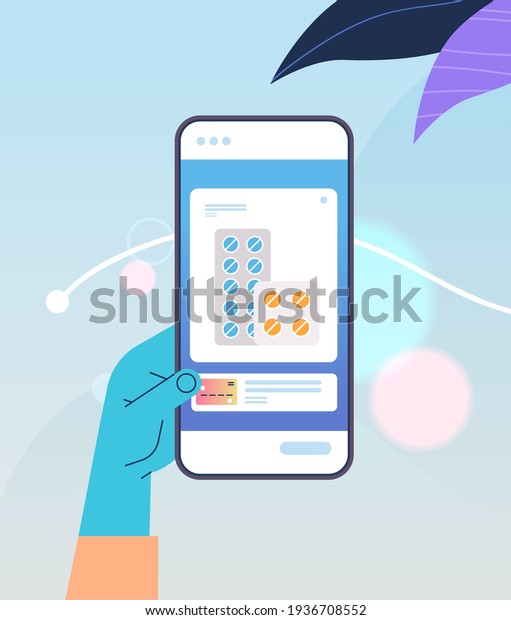hand ordering pills in\
medical mobile app on smartphone screen online medicine healthcare\
concept