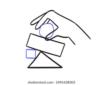 Hand organize abstract shapes in structure or system and analyse result. Concept of data and information analytics and order in doodle contemporary line drawing style. Vector illustration of pyramid.