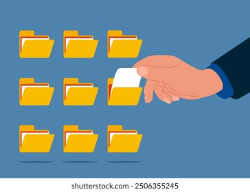 Hand organize document file into archive folders. Database, searching info. Modern vector illustration in flat style.