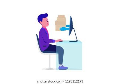 A Hand out of computer screen send a parcel box to a man. Concept Illustration about  Shipping from online shop.