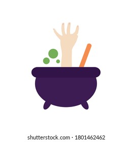 hand out of halloween potion pot over white background, flat style, vector illustration