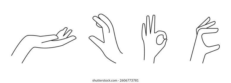 Hand outline, detailed hand gestures, positions, signs. hands for illustrations, logos, icons. High quality graphics showcasing human interaction, expression. hand icon set.