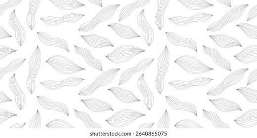 Hand outline drawing of leaves, seamless pattern, minimalistic vector background