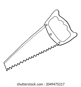Hand outline saw. Large long metal file in hand drawn doodle style isolated on white background.Vector outline stock illustration.Sign tool gardening element. Tree pruning Coloring book.
