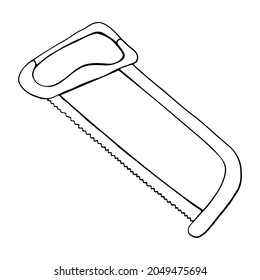 Hand outline saw. Large long metal file in hand drawn doodle style isolated on white background.Vector outline stock illustration.Sign tool gardening element. Tree pruning Coloring book.