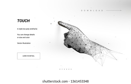 Hand. Hand mit ausgestrecktem Zeigefinger. Fingerberührung. Abstrakte Illustration einzeln auf weißem Hintergrund.  Low-Poly-Wireframe Die Partikel sind in einer geometrischen Silhouette verbunden