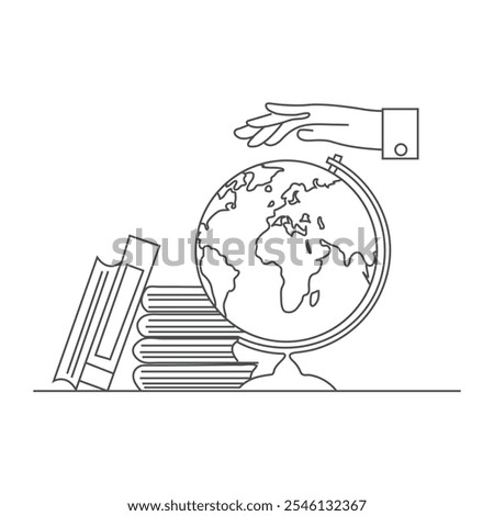 Hand with outstretched palm holds the globe, the globe above the outstretched palm, flat design Doodle stick figure: Reading boy sitting on big book with globe. Hand drawn cartoon vector illustration 