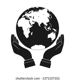 Hand with outstretched palms holds the globe, the globe above the outstretched palms, flat design