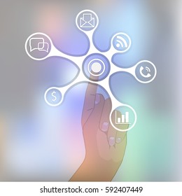 Hand over the blurred background transparent. The index finger presses the button. Wood buttons - relationship, communication. Management, selection - icons. Interaction Vector Icon