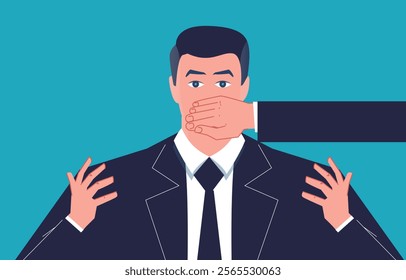 a hand over a businessman's mouth