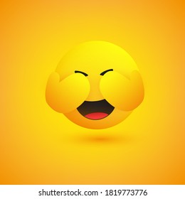 Hand Over Face - Embarrassed Laughing Emoticon with Closed Eyes - Simple Emoticon on Yellow Background - Vector Design Illustration