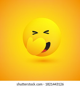 Hand Over Face - Embarrassed Laughing Emoticon with Closed Eyes - Simple Emoticon on Yellow Background - Vector Design Illustration