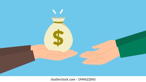 Hand over money from parent to child,blue background,vector illustration