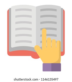 A hand over an opened book depicting book reading 
