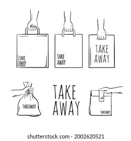 A hand with a package. A set in the sketch style. The concept of the theme "Takeaway food". Vector, isolated, black on white background.