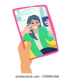 Hand with pad isolated on white background. Chatting with friends or family online. Virtual meet up, video conference. Social-distance during quarantine. Vector flat style hand drawn illustration.