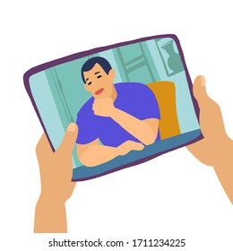 Hand with pad isolated on white background. Chatting with friends or family online. Virtual meet up, video conference. Social-distance during quarantine. Vector flat style hand drawn illustration.