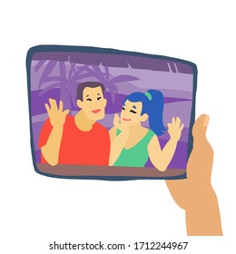 Hand with pad isolated on white background. Chatting with friends or family online. Virtual meet up, video conference. Social-distance during quarantine. Vector flat style hand drawn illustration.