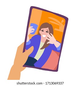 Hand with pad isolated on white background. Chatting with friends or family online. Virtual meet up, video conference. Social-distance during quarantine. Vector flat style hand drawn illustration.