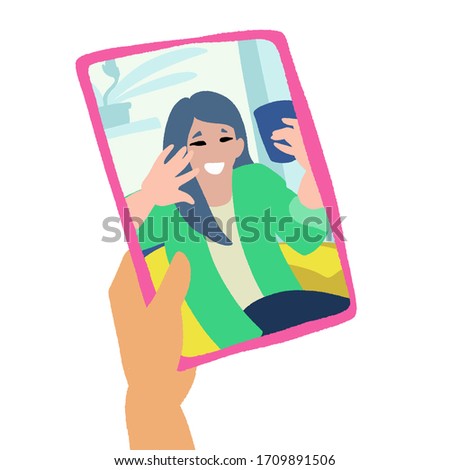 Hand with pad isolated on white background. Chatting with friends or family online. Virtual meet up, video conference. Social-distance during quarantine. Vector flat style hand drawn illustration.