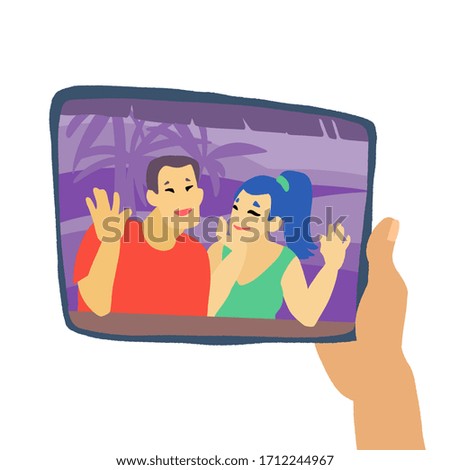 Hand with pad isolated on white background. Chatting with friends or family online. Virtual meet up, video conference. Social-distance during quarantine. Vector flat style hand drawn illustration.