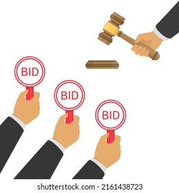 Hand With Paddle BID. Auction And Bidding Concept In Flat Style. Business Bidding Process. Vector Illustration EPS 10.