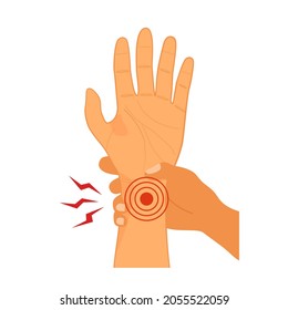 Hand pain or wrist injury in flat design on white background. Numbness hand. 