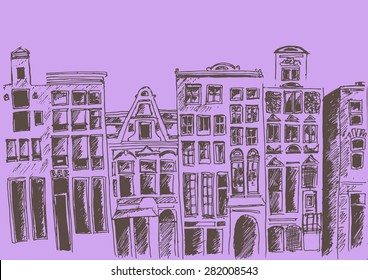 Hand paint Amsterdam buildings. Vector illustration.