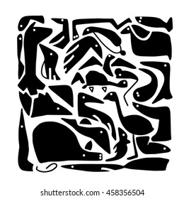 Hand paint animals set isolated black illustration. (Can be used as texture for cards, invitations, DIY projects, web sites or for any other design.)